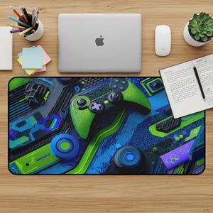 Gaming Desk Mat, Neon Controller Mouse Pad, Futuristic Desk Pad, Gamer Accessories, Desk Accessories, Computer Desk Mat, Large Mousepad