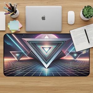 Alfombrilla de escritorio Synthwave, alfombrilla de ratón retro para juegos, alfombrilla geométrica, accesorios de escritorio Vaporwave de los 80, alfombrilla estética para ordenador, decoración de escritorio neón