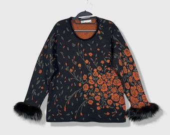 Di Cecilia Tröja Dam XL Svart Orange Blommig Fuskpälsmanschett Vintage