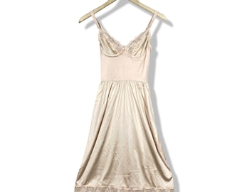 Sukienka Sabrina z długim rękawem, damska, rozmiar 34, beżowa, z koronkowym wykończeniem, vintage, bielizna Coquette