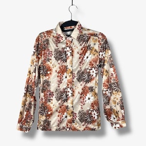 Vintage 70s Floral Button Up Blouse Womens XS Brown Retro Bohemian Hippie
