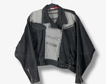 Vintage 80-tals Paris Express Jeansjacka Dam M Gingham Cropped Grunge Retro