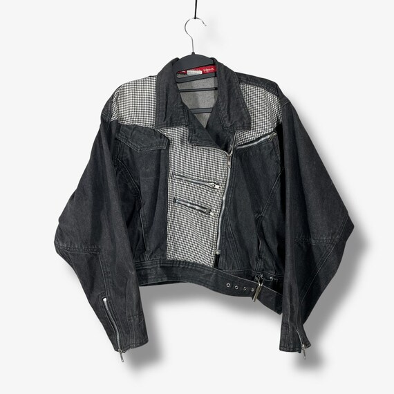 Vintage 80s Paris Express Denim Moto Jacket Women M Gingham Cropped Grunge Retro