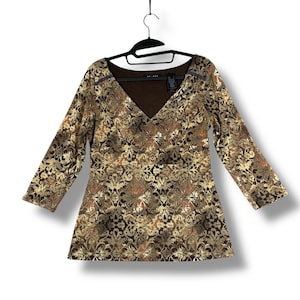 Y2K Axcxess Brown Paisley Print V-Neck Top Womens Elegant Babydoll Fairy Size L