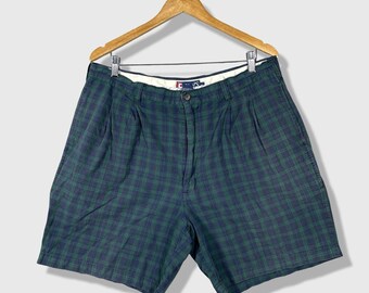 Pantalones cortos vintage Chaps Ralph Lauren para hombre, talla 38, a cuadros verdes y azules, plisados, estilo casual preppy.
