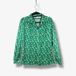 Vintage 70s Circle Print Long Sleeve Button Up Blouse Women S Green HIppie Retro