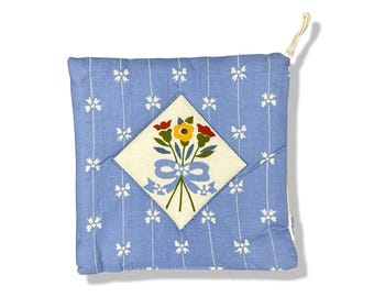 Vintage Quilt Blå Gingham Grytlapp Blommig Bukett Applikation Kökstillbehör