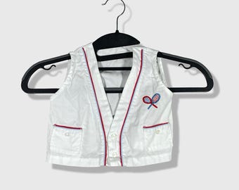 Vintage 80s Tennis Embroidered Vest Top Toddler 12 Months White Preppy Classic
