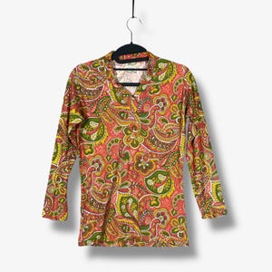 Vintage 70s Paisley Blouse Womens M Multicolor Retro Hippie Disco Psychedelic