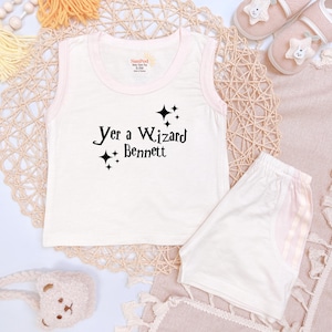 Yer A Wizard Bennett Baby Tanktop Set, Custom Name Infant Outfit, Movie Fan Toddler Pajama Set, Book Lover Baby Shower Gift For Son Nephew