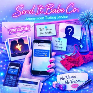 Puede incluir: Un anuncio de "Send It Babe Co., Anonymous Texting Service". La imagen presenta un teléfono inteligente que muestra un mensaje, junto con otros elementos como un sobre confidencial, fotos y un sujetador rojo. El texto incluye "No Names, No Traces..."