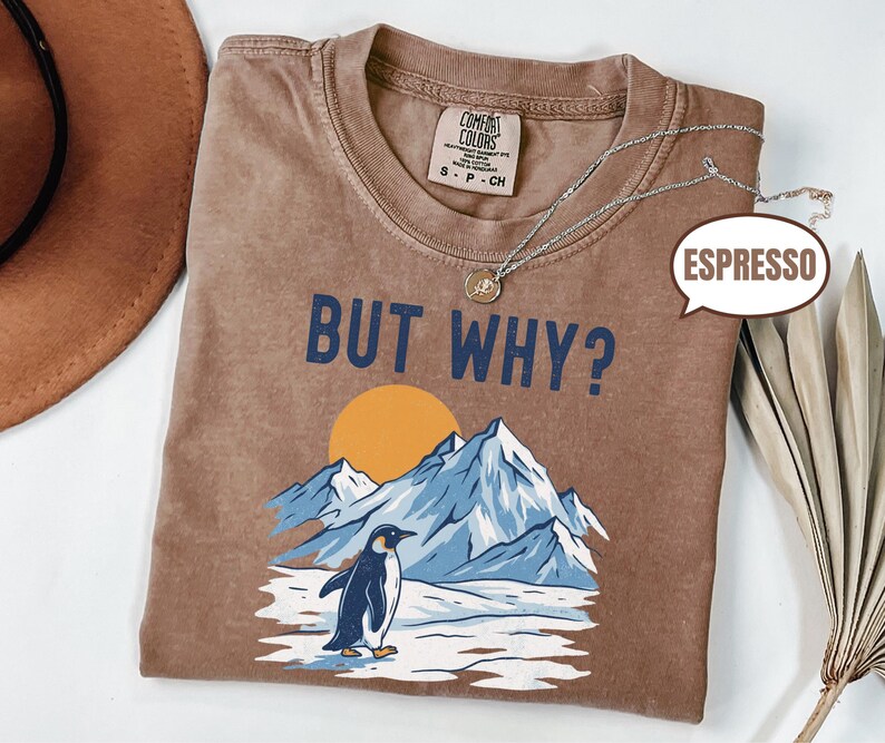 May include: Espresso-colored t-shirt with the phrase "BUT WHY?" in navy blue. The graphic features a penguin standing on ice in front of mountains and a yellow sun. A silver necklace is draped across the shirt.