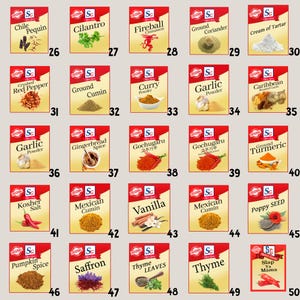 May include: A collection of spice packets, each labeled with the spice name and a number. Spices include chili, cilantro, fireball cinnamon, ground coriander, cream of tartar, crushed red pepper, ground cumin, curry powder, garlic powder, and more.
