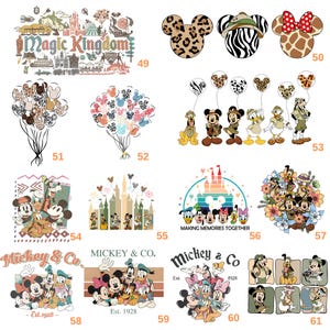 May include: Collection of Disney-themed designs. Includes Mickey Mouse ears with animal print patterns, character illustrations, and text that says "Magic Kingdom" and "Making Memories Together". Also features Mickey & Co. text.