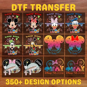 May include: A selection of DTF transfer designs showcasing Disney characters, including Mickey, Minnie, Donald, and Goofy. Each design includes the text "Disney Bound" and "2026". The image also includes the text "350+ DESIGN OPTIONS".
