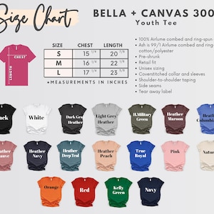 May include: A size chart and color options for Bella + Canvas 3001Y youth tees. The chart shows chest and length measurements in inches for sizes S, M, and L. Color options include black, white, navy, and more.
