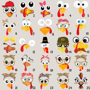 May include: A collection of 25 cartoon turkey face designs with various accessories. Each turkey face has different expressions, including hats, glasses, bows, and headbands. The designs feature a variety of colors and styles, perfect for Thanksgiving-themed crafts.