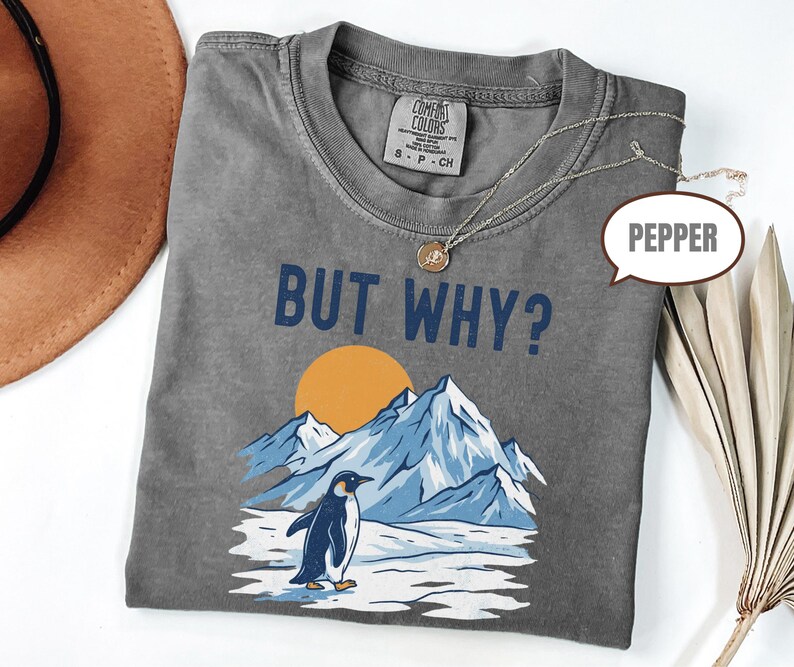 May include: Gray t-shirt with the text "BUT WHY?" above a graphic of a penguin, mountains, and a sun. The shirt has a crew neck and short sleeves. A gold necklace is draped across the shirt.
