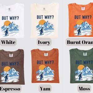 May include: A collection of six t-shirts in various colors: white, ivory, burnt orange, espresso, yam, and moss. Each shirt features the text "BUT WHY?" above a graphic of a penguin, mountains, and a sun.
