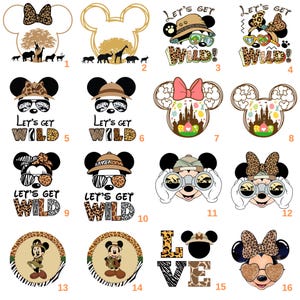 May include: A collection of Mickey and Minnie Mouse-themed designs. The designs include safari and Easter themes, with text that says "Let's Get Wild". Some designs feature animal print bows and sunglasses.