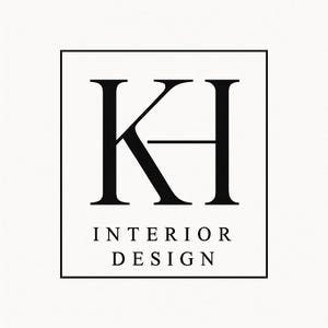 May include: Black and white logo for "KH Interior Design" within a square frame. The letters "K" and "H" are stylized and connected, with the words "INTERIOR DESIGN" below in a clean, sans-serif font.