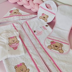 Baby girl hooded towel, muslin bath set, burp cloth, bib and sleep suit.