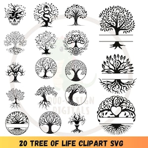 Puede incluir: Una colección de 20 diseños de imágenes prediseñadas negras del Árbol de la Vida en varios estilos. Los diseños incluyen árboles con intrincadas ramas, raíces y algunos con elementos decorativos. El texto "20 TREE OF LIFE CLIPART SVG" se muestra en la parte inferior.