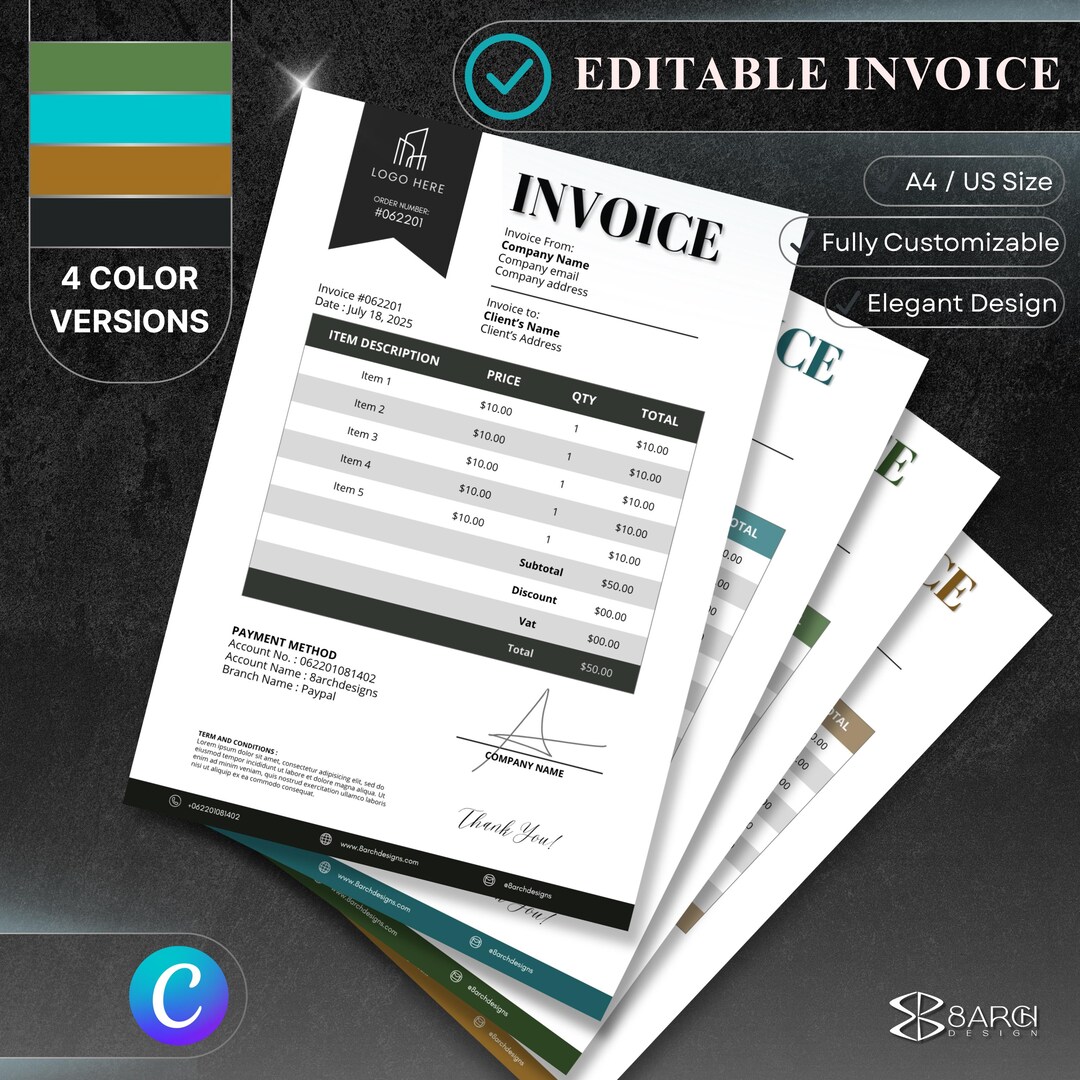 Editable Canva Invoice Template for Small Business | Custom Order Form ...