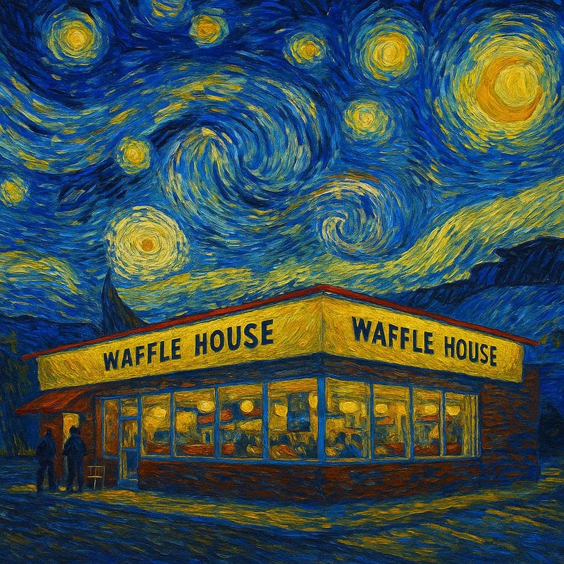 May include: A painting depicting a Waffle House restaurant under a swirling, starry night sky. The building is yellow with the words "WAFFLE HOUSE" in black. Two figures stand outside the restaurant, lit by the warm interior lights.