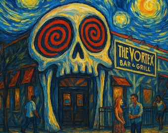 The Vortex Bar & Grill Starry Night Print – Atlanta Art | Little 5 Points Skull Entrance | Van Gogh Style Georgia Wall Decor