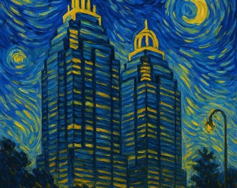 King & Queen Towers Starry Night Print – Atlanta Skyline Art | Sandy Springs Landmark | Van Gogh Style Georgia Wall Decor