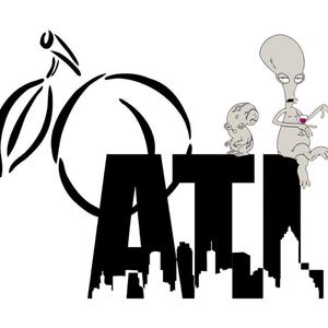 May include: Black and white graphic featuring the word "ATL" with a skyline silhouette. Above the letters is a peach design. Two cartoon aliens are perched on top of the letters.