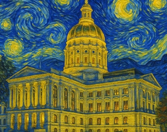 Georgia Capitol Starry Night Print – Atlanta Art | Gold Dome Georgia State Building Poster | Van Gogh Style Southern Wall Decor