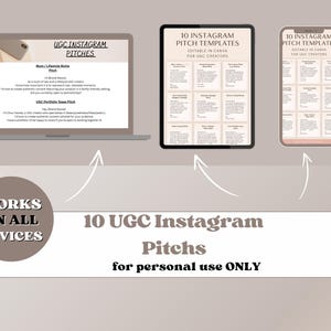 May include: A digital product mockup showing a laptop, tablet, and phone displaying Instagram pitch templates. The text reads "10 UGC Instagram Pitches" and "Works on All Devices". The templates are for personal use only.