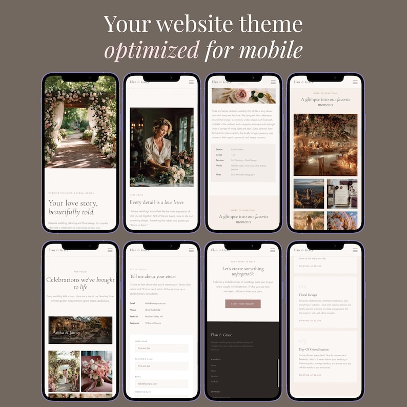 May include: A mockup of a website theme optimized for mobile devices. The image shows eight smartphones displaying different pages of a wedding planning website. The text includes phrases like "Your love story, beautifully told" and "Every detail is a love letter."