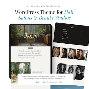 May include: A website design for hair salons and beauty studios. The design features a clean layout with images of salon interiors and services. The text includes "Bloom" and "WordPress Theme for Hair Salons & Beauty Studios."