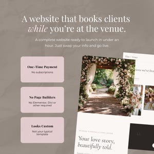 May include: A website advertisement with text: "A website that books clients while you're at the venue." The image includes a wedding archway, website mockups, and text boxes with details about the website's features.