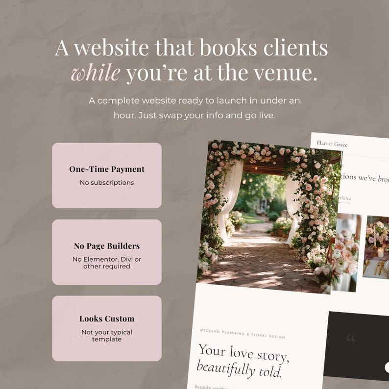 May include: A website advertisement with text: "A website that books clients while you're at the venue." The image includes a wedding archway, website mockups, and text boxes with details about the website's features.