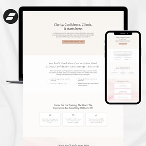 Pode incluir: Um laptop e um smartphone exibem um site com o texto "Clareza. Confiança. Clientes. Começa aqui." O site promove serviços de coaching, com seções sobre estratégia e experiência. O esquema de cores é principalmente branco e bege.