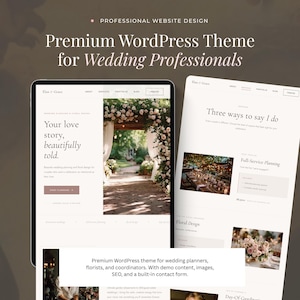 May include: A digital display showcasing a website design for wedding professionals. The website features images of floral arrangements and wedding venues. Text on the screen includes "Your love story, beautifully told" and "Premium WordPress Theme for Wedding Professionals."