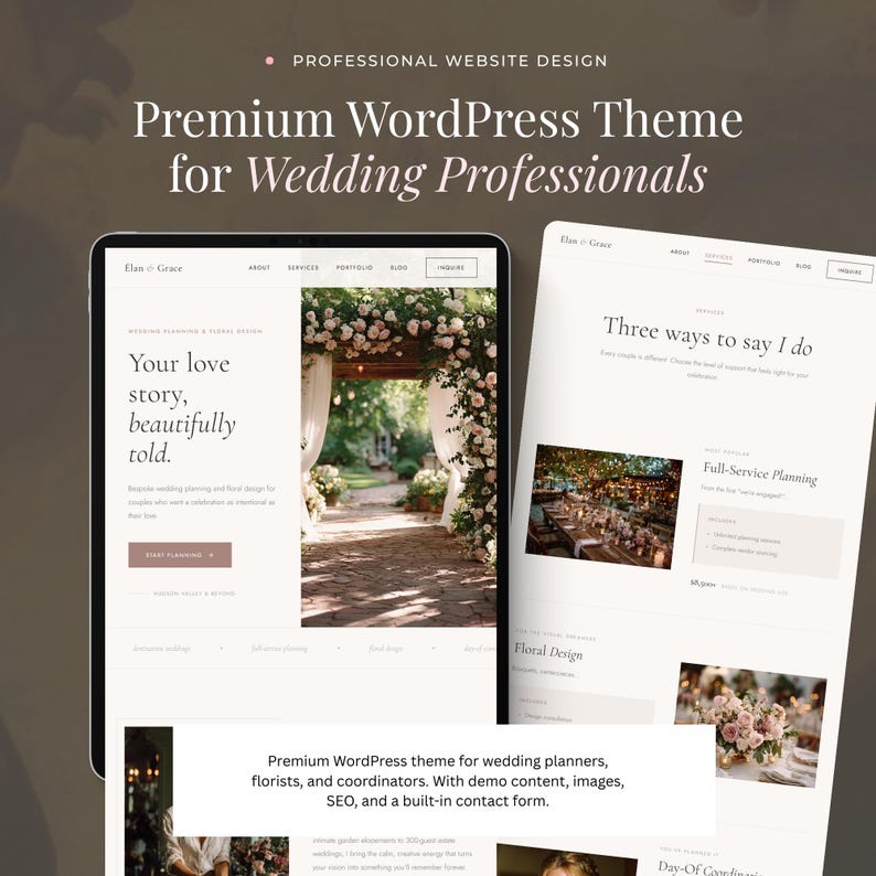 May include: A digital display of a website design for wedding professionals. The website features images of floral arrangements and wedding venues. Text on the screen includes "Your love story, beautifully told" and "Premium WordPress Theme for Wedding Professionals."