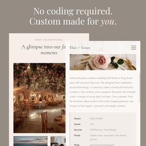 May include: A website layout with the text "No coding required. Custom made for you." and a glimpse into wedding planning. The layout includes images of a wedding ceremony and reception, with details about the event.