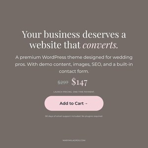 May include: A website advertisement with text that reads "Your business deserves a website that converts." The ad promotes a premium WordPress theme for wedding professionals, with a pink "Add to Cart" button.
