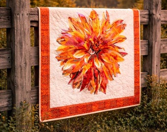 Modern Quilt Pattern PDF - Dahlia Incandescent Flower Quilt, Art Quilt Fabric Collage, Floral Wall Hanging Applique