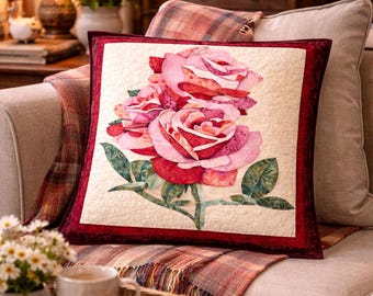 Roze patchworkpatroon (PDF) | Moderne appliqué quilt | Naaipatroon voor gevorderden | Tweetalige textielkunst "Wild Dew Splendor"
