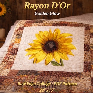 Sunflower Quilt Pattern PDF – Patron Tournesol – Raw Edge Collage – Easy Applique – Modern Quilt Block – Instant Download – Rayon d'or