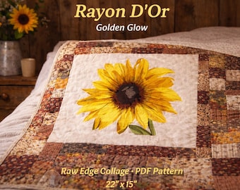 Sonnenblumen-Patchworkmuster (PDF) | Moderner Blumenquilt | Nähvorlage für Stoffapplikationen | Zweisprachiges Textilkunstprojekt aus Goldviskose