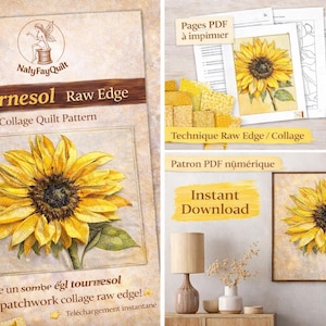 Patron PDF Tournesol Raw Edge – Collage Quilt Pattern – Fleur Patchwork Moderne, Instant Download
