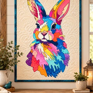 Rabbit Quilt Pattern PDF, Raw Edge Applique, Colorful Bunny Fabric Collage, 2 Sizes, A Splash of Mischief