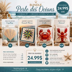 Könnte beinhalten: Ein Bundle mit vier FPP-Mustern (Foundation Paper Piecing) zum Thema Ozean. Die Designs umfassen eine Muschel, eine Windrose, eine Krabbe und einen Hummer. Der Text lautet "Perle des Océans" und "4 Patrons FPP 4 Créations Inspirées par la Mer."